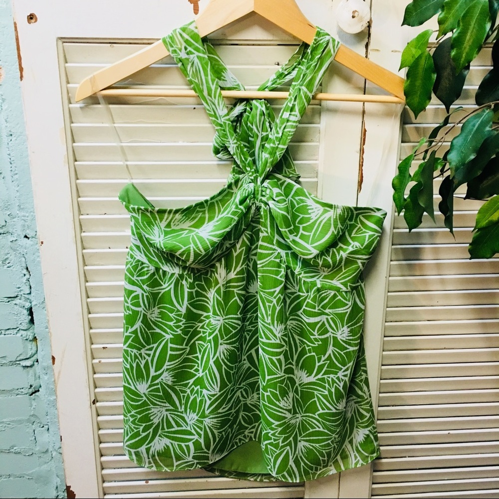 Ann Taylor Loft Green & White Floral Halter Blouse